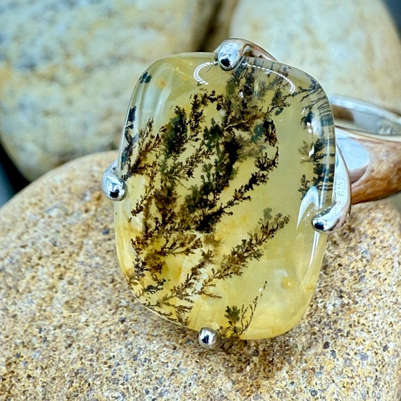 Sterling Silver Moss Agate Ring Size 8 Dendritic Gemstone Nature Inspired 4.3 gr - Picture 4 of 16